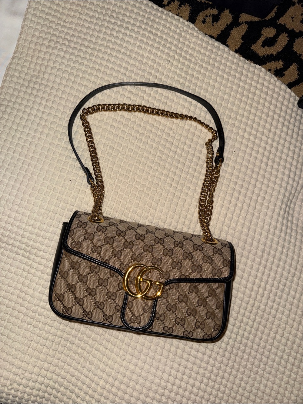 Gucci Beige Brown GG Canvas Shoulder Bag with Gold Hardware